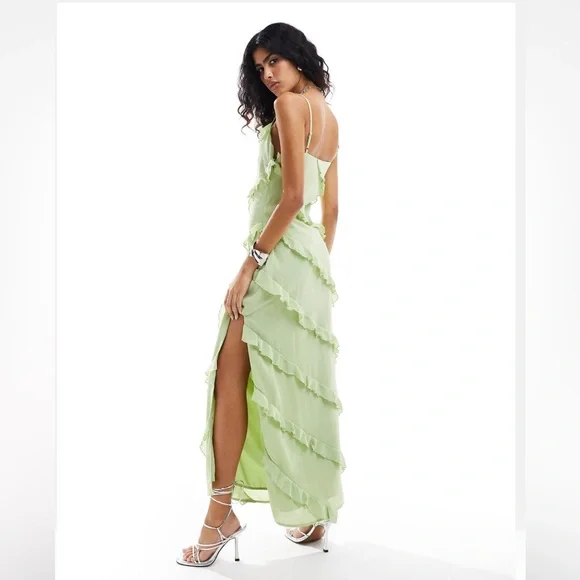 Light Green Ruffle Maxi Dress Asymmetric Cami Midaxi Pistachio Pretty Lavish - Picture 1 of 4